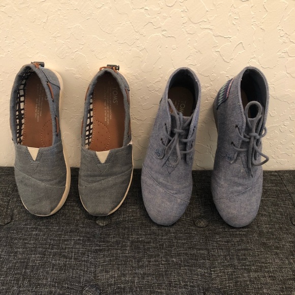TWO Pairs of TOMS Denim Shoes: Bootie & Slip-On - Picture 1 of 8